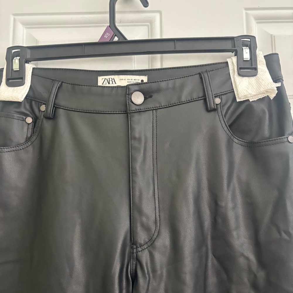 Zara Black Faux Leather Tailored Wide Leg Pants, Size 10 - Picture 4 of 11